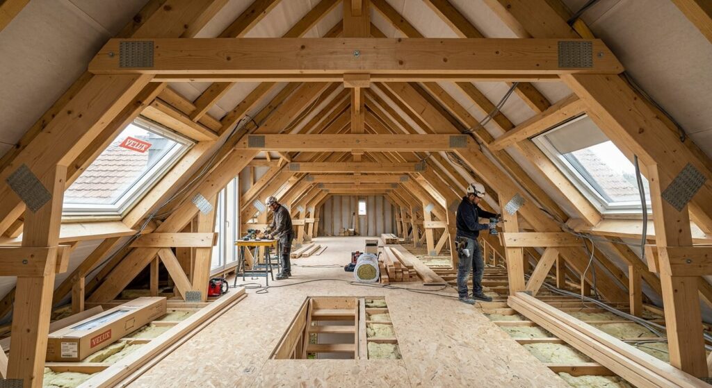Charpente industrielle en bois avec entrait retroussé lors de l'aménagement de combles.