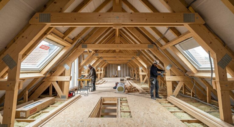 Accueil 1 Charpente industrielle en bois avec entrait retroussé lors de l'aménagement de combles.