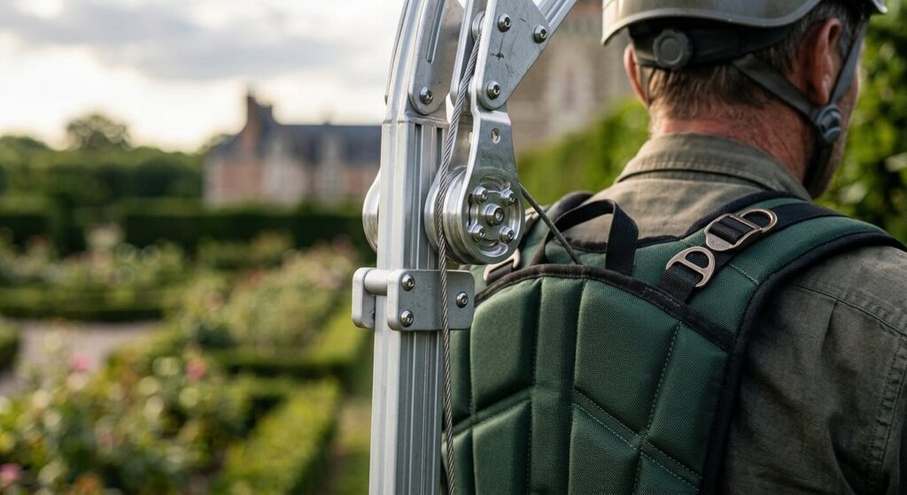 Détail de la poulie à câble et du dossier rembourré d'un harnais ergonomique de jardinage.
