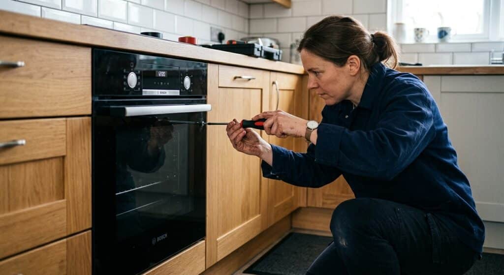 Comment débrancher un four encastrable en toute sécurité 2 Personne retirant les vis de fixation latérales pour extraire un four encastrable de son meuble.