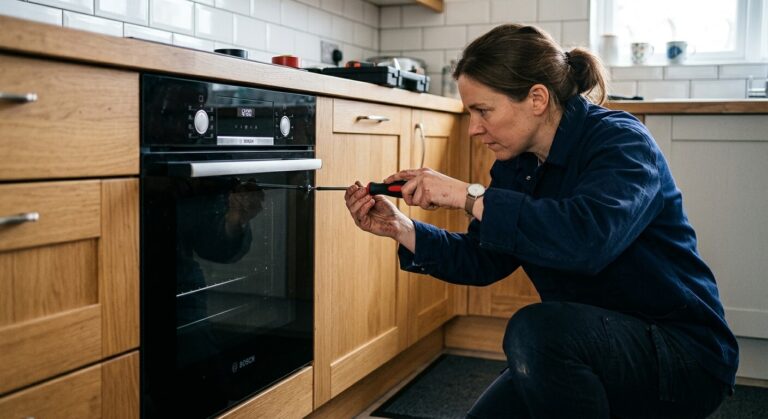 Accueil 1 Personne retirant les vis de fixation latérales pour extraire un four encastrable de son meuble.