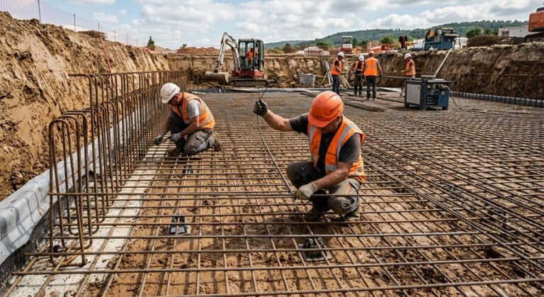 Pose du ferraillage renforcé pour une fondation en radier béton sur terrain argileux.