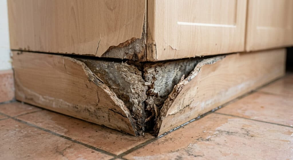 Coin d'un meuble en aggloméré gonflé et déformé par l'humidité.