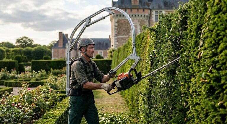 Jardinier utilisant un taille-haie suspendu à un harnais trompe d'éléphant.