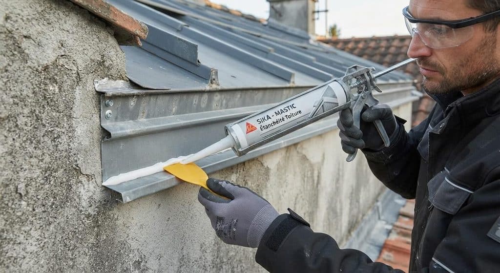 Poser un solin sur un enduit existant : méthodes, étanchéité et erreurs 4 Réalisation du joint d'étanchéité mastic en biseau dans la gorge du profilé solin.