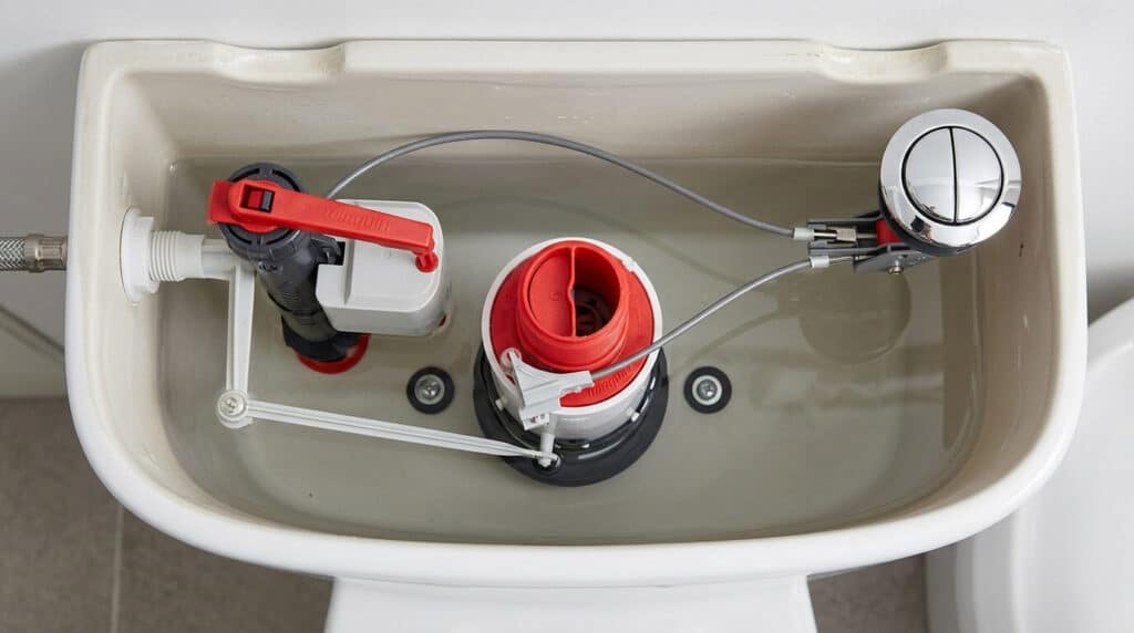 Vue de dessus d'un réservoir de WC équipé d'un mécanisme Wirquin.