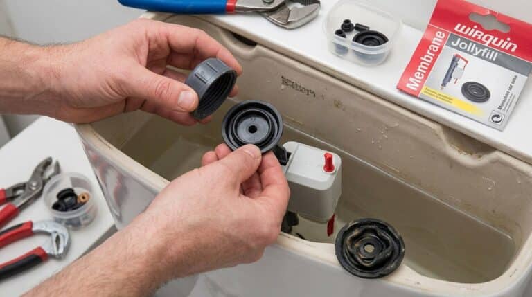 Accueil 1 Remplacement de la membrane en caoutchouc usée d'un robinet flotteur Wirquin.