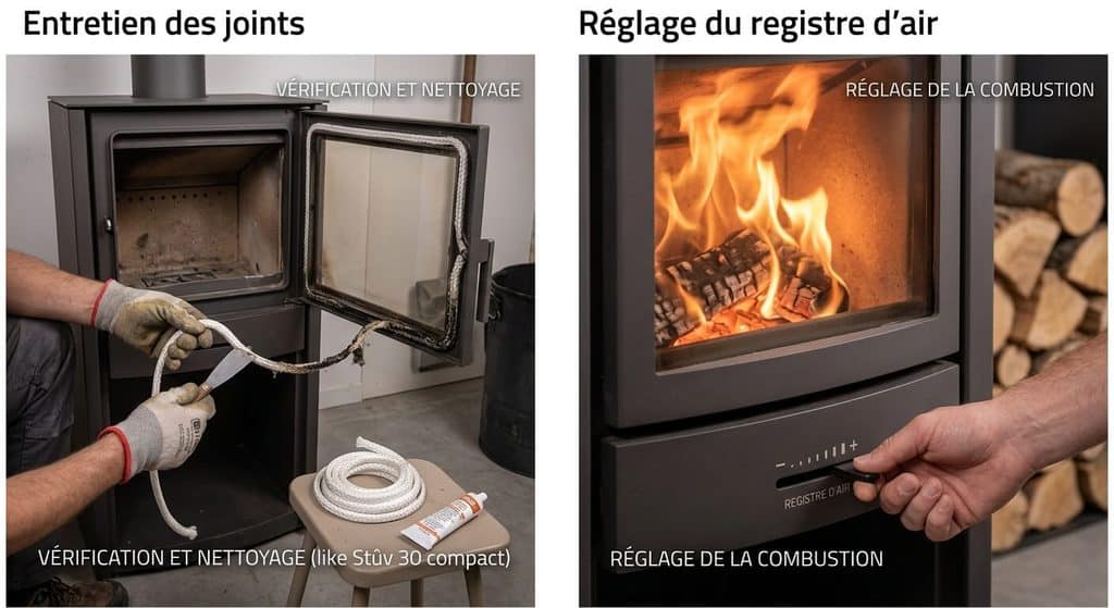 Entretien des joints en fibre de verre et réglage du registre d'air d'un poêle à bois.