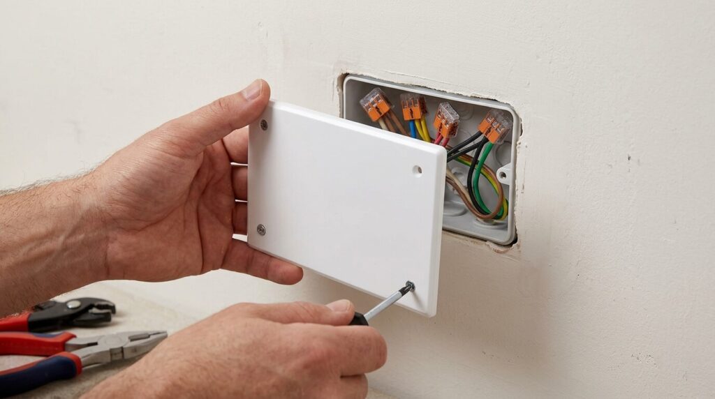 Pose d'un couvercle de finition blanc sur une boîte de dérivation murale.