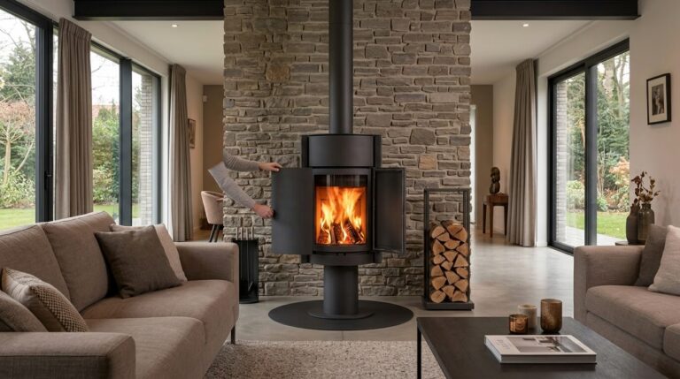 Poêle à bois contemporain Stûv 30 avec son système de tambour rotatif trois portes dans une pièce à vivre.