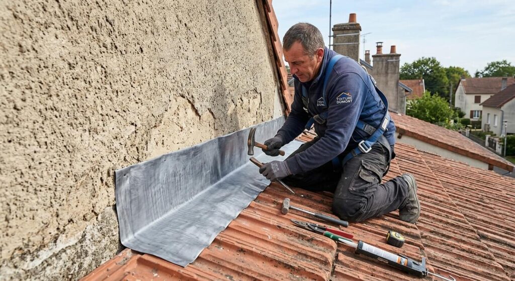 Poser un solin sur un enduit existant : méthodes, étanchéité et erreurs 2 Pose d'une bande de solin à bavette plomb sur un mur avec enduit gratté existant.