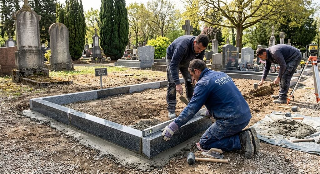 Faire un entourage de tombe soi-même : la marche à suivre 4 Pose et scellement de bordures pour délimiter l'emplacement d'une concession funéraire.