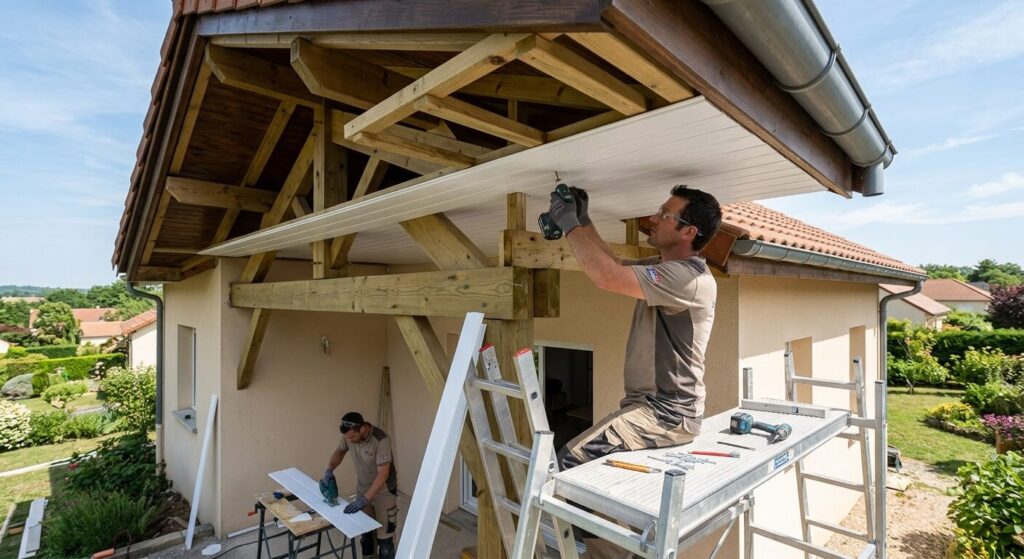 Pose de lames de lambris PVC blanc sous avancée de toit sur ossature bois.