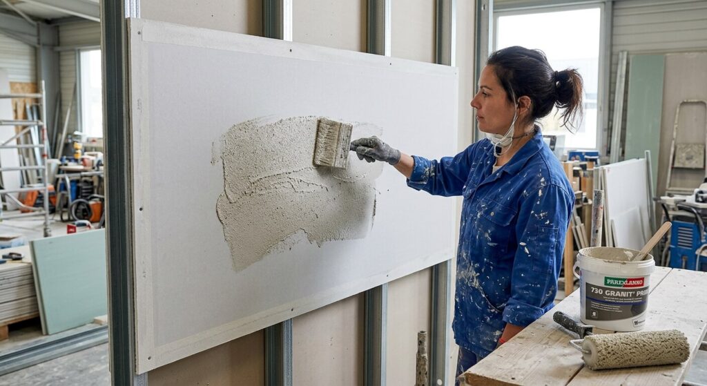 Application d'une sous-couche d'accroche granitée sur une plaque de plâtre.