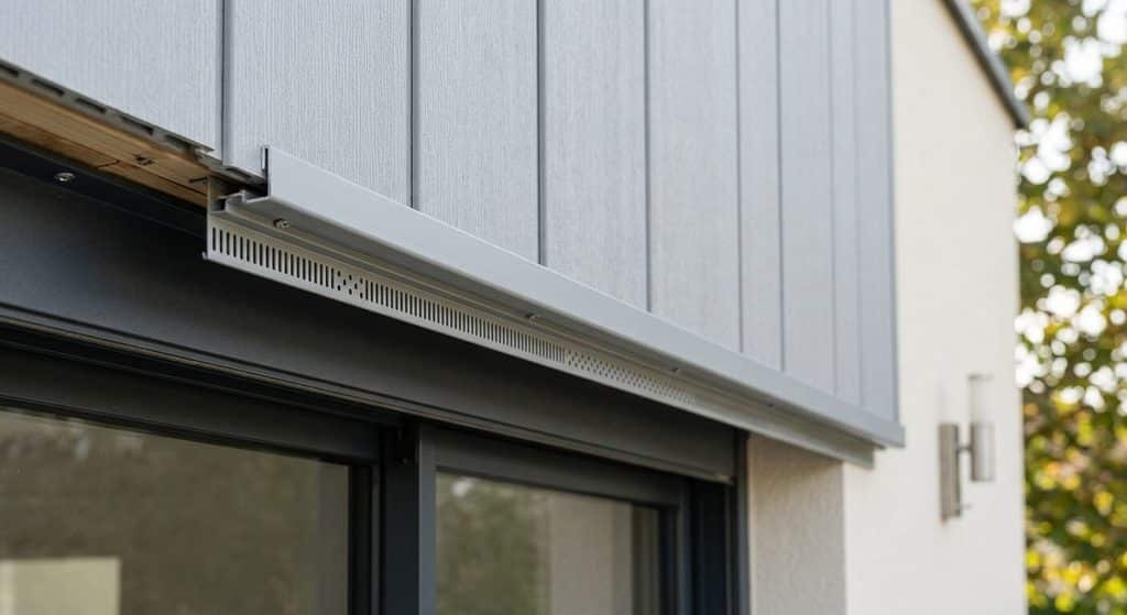 Détail des profilés de finition et de ventilation pour lambris PVC extérieur.