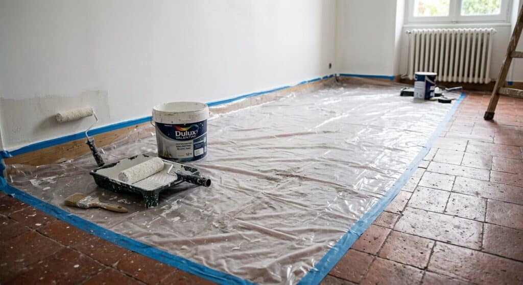 Peinture avant ou après carrelage : quel ordre suivre ? 3 Bâche de protection bâche plastique posée sur un sol carrelé pour la peinture des murs.
