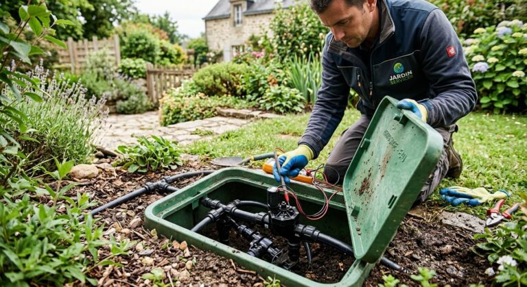 Inspection d'une électrovanne d'arrosage dans son regard enterré au jardin.