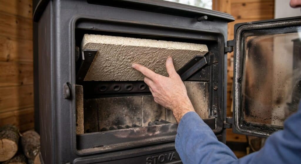 Insertion d'une plaque déflectrice neuve en vermiculite sur ses cornières de support.