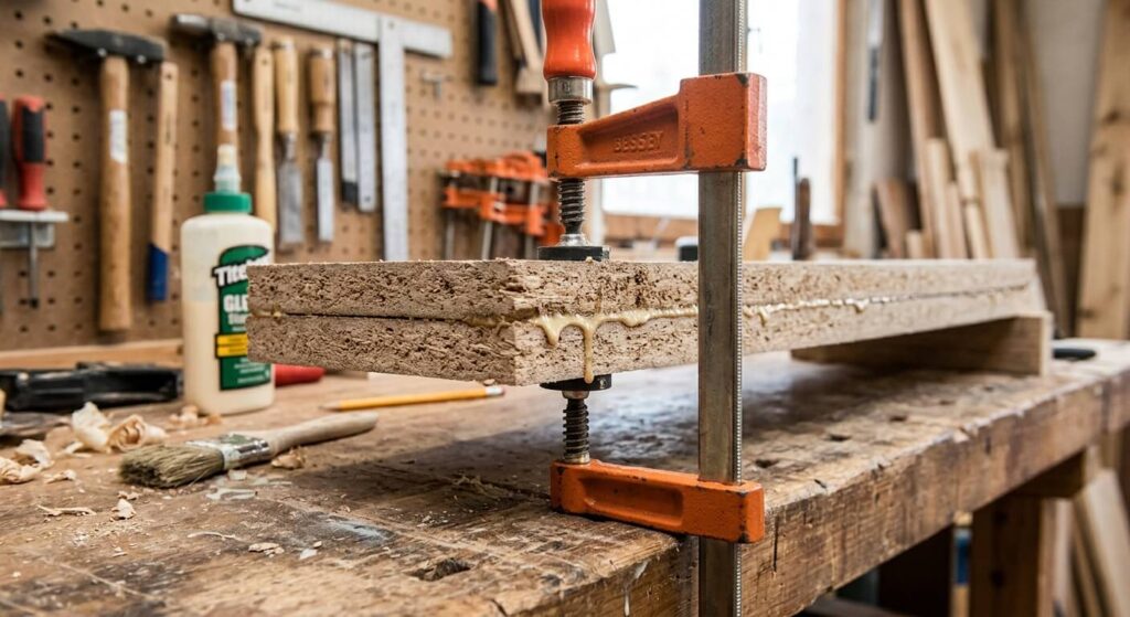 Compression d'une planche en aggloméré avec un serre-joint pendant le séchage.