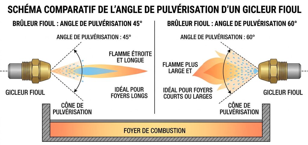 Schéma comparatif de l'angle de pulvérisation d'un gicleur fioul à 45 degrés et 60 degrés dans le foyer de combustion.