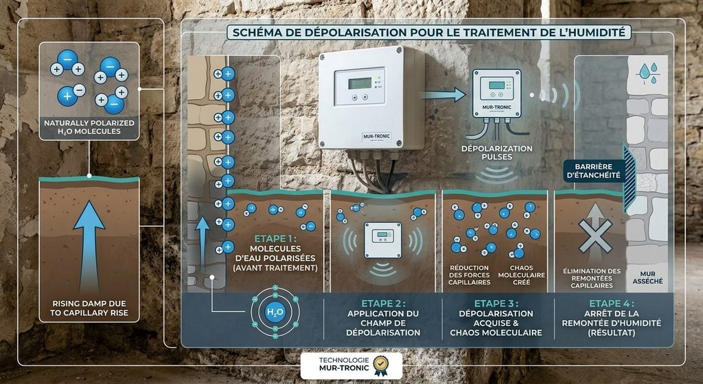 Schéma de dépolarisation des molécules d'eau souterraines pour stopper les remontées d'humidité.