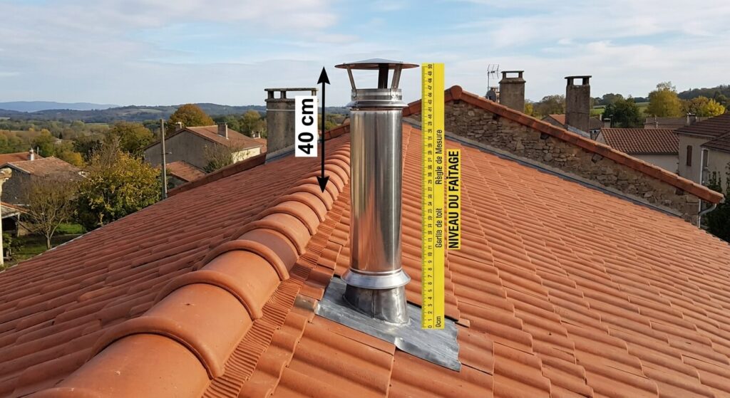 Sortie de toit de cheminée dépassant de 40 cm au-dessus du faîtage de la toiture.