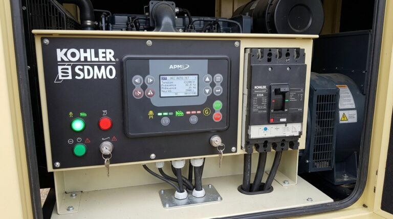 Accueil 1 Vue rapprochée du panneau de commande d'un groupe électrogène SDMO avec son disjoncteur.