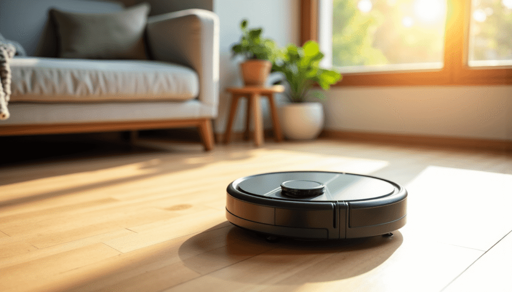 Aspirateur laveur sans fil nettoyant simultanément la poussière et les taches sur un sol en carrelage.