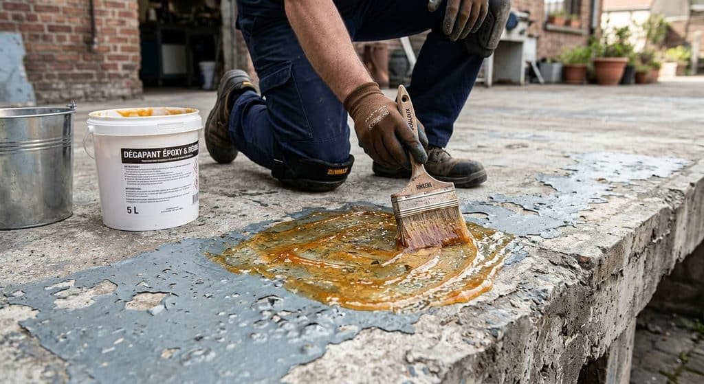 Décaper de la peinture sur du béton : quelle méthode choisir ? 3 Gel décapant appliqué au pinceau sur une dalle de béton pour ramollir les couches de résine époxy.