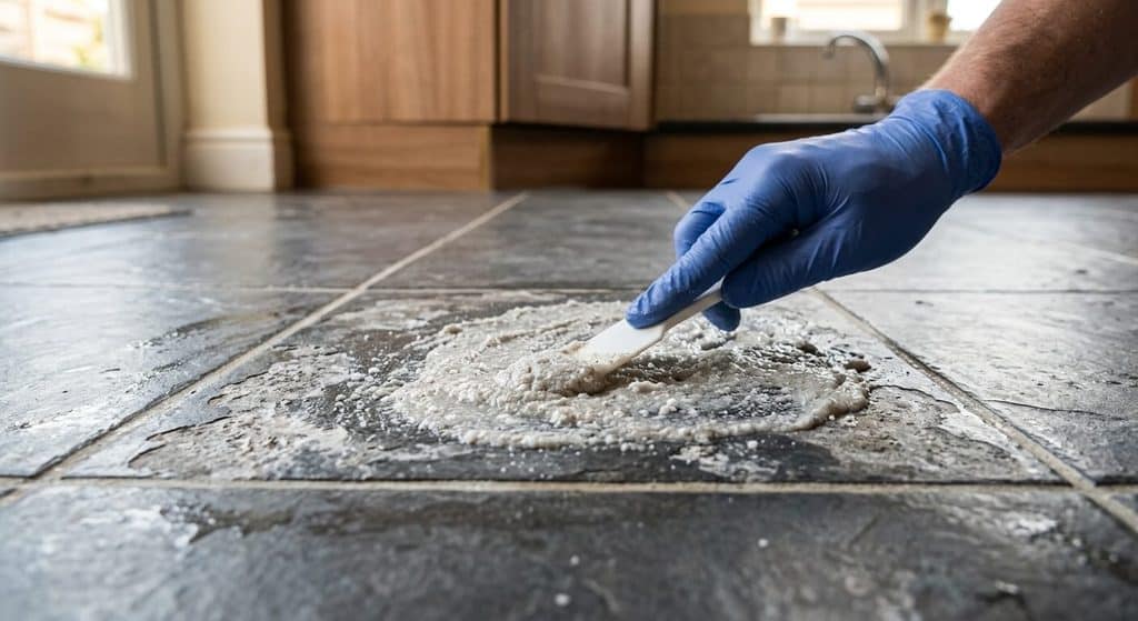 Tache acide sur carrelage : comment agir en urgence et atténuer une trace déjà installée 4 Application d'une pâte à base de bicarbonate et de poudre à polir sur un carreau attaqué par l'acide.