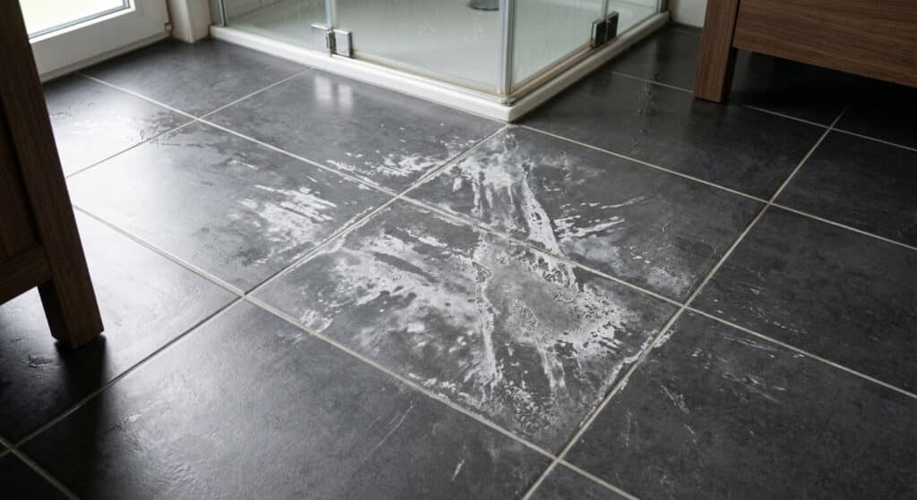 Tache acide sur carrelage : comment agir en urgence et atténuer une trace déjà installée 2 Traces blanchâtres et perte de brillance sur un carrelage suite à une projection de produit acide.