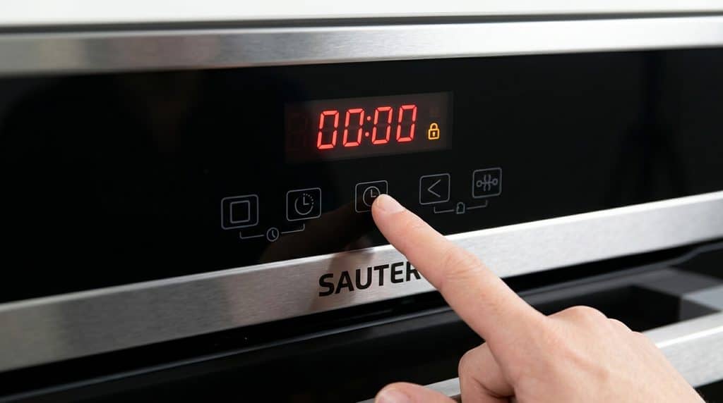 Comment enlever le verrouillage du four Sauter : sécurité enfant ou porte bloquée après pyrolyse 4 Doigt appuyant sur la touche horloge d'un four Sauter pour désactiver la sécurité enfant.