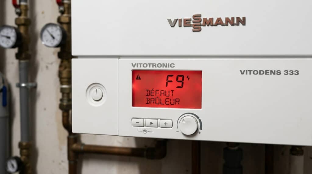 Écran de régulation Vitotronic d'une chaudière Viessmann Vitodens 333 affichant un code d'anomalie clignotant.