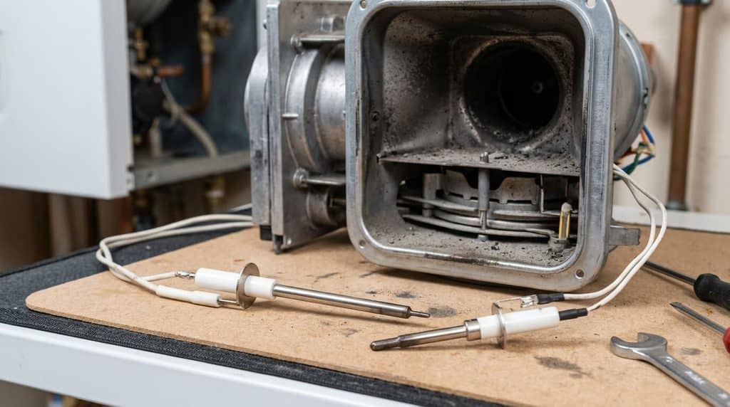 Électrode d'ionisation et sonde d'allumage démontées sur un brûleur de chaudière gaz.