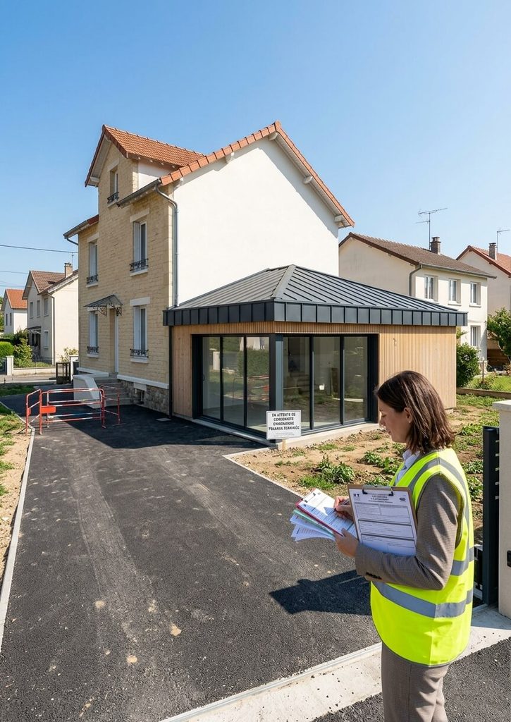 Maison individuelle avec une extension neuve terminée en attente de conformité d'urbanisme.