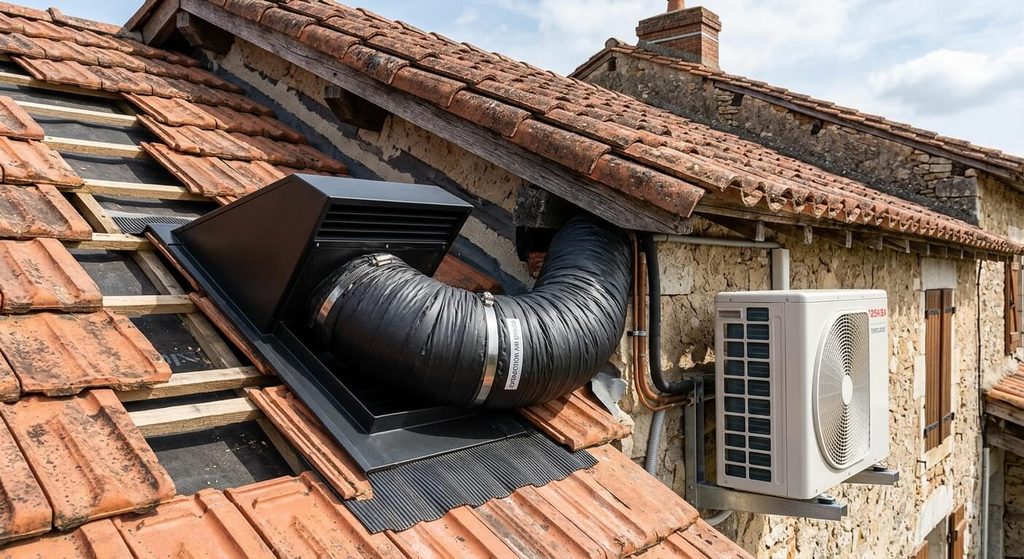 Installer le groupe de climatisation dans les combles : est-ce possible ? 3 Gaine d'extraction d'air chaud raccordée à une chatière de toiture pour ventiler le groupe de climatisation.