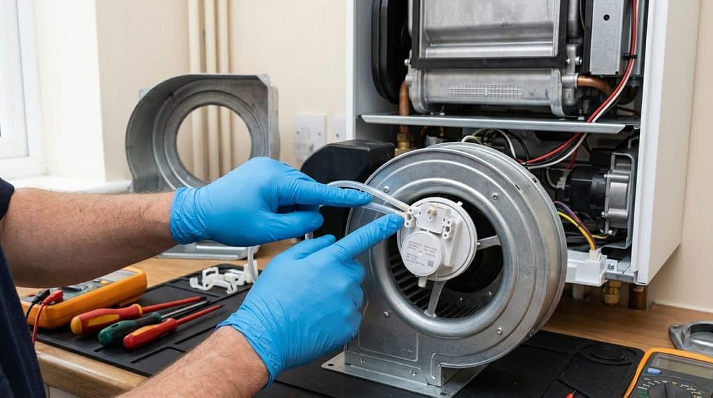 Ventilateur extracteur et tube de pressostat d'air d'une chaudière gaz à condensation lors d'un dépannage.