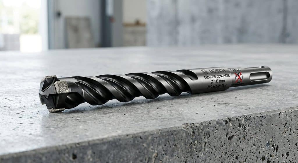Percer un mur en béton sans percussion : méthode, matériel et conseils 3 Foret à pointe carbure diamantée conçu pour forer le béton sans activer la percussion.