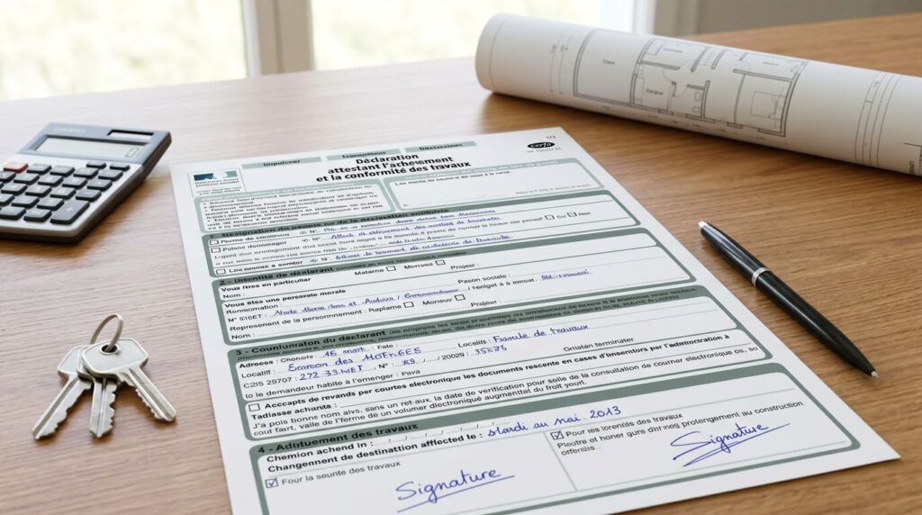 Formulaire Cerfa de déclaration attestant l'achèvement et la conformité des travaux rempli sur une table.