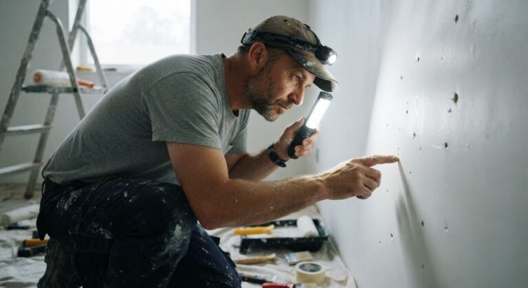Peintre inspectant les micro-défauts d'un mur après sous-couche à la lampe rasante.