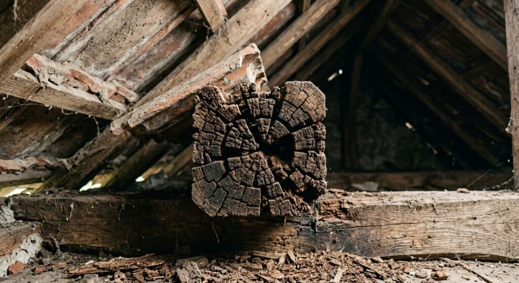 Extrémité d'une panne intermédiaire en bois attaquée par la pourriture cubique sous une toiture.