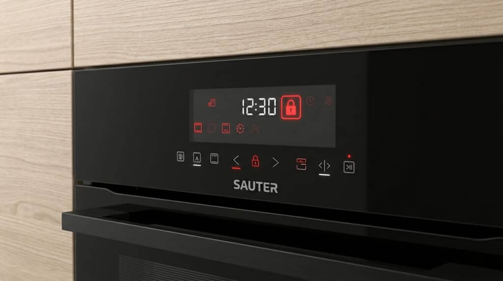 Comment enlever le verrouillage du four Sauter : sécurité enfant ou porte bloquée après pyrolyse 2 Écran digital d'un four encastrable Sauter affichant le voyant cadenas rouge allumé.