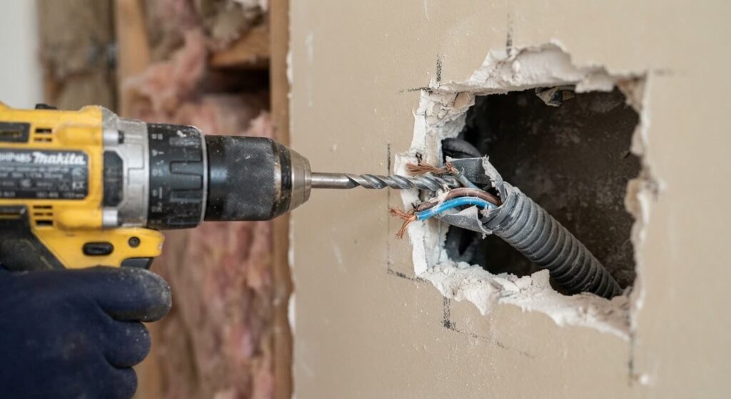 Foret de perceuse ayant percé une gaine électrique dans une cloison en plaque de plâtre.