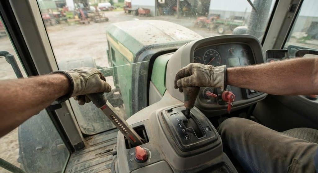 Vérification du point mort et serrage du frein de stationnement avant le démarrage d'un tracteur.