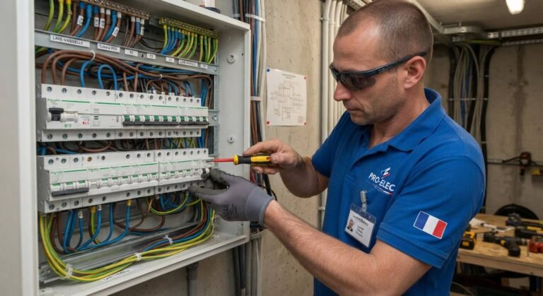 Accueil 1 Électricien raccordant un disjoncteur divisionnaire 230V sur une rangée de tableau électrique triphasé.