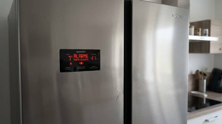 Réfrigérateur américain Sharp multi-portes avec panneau de commande électronique en alarme.