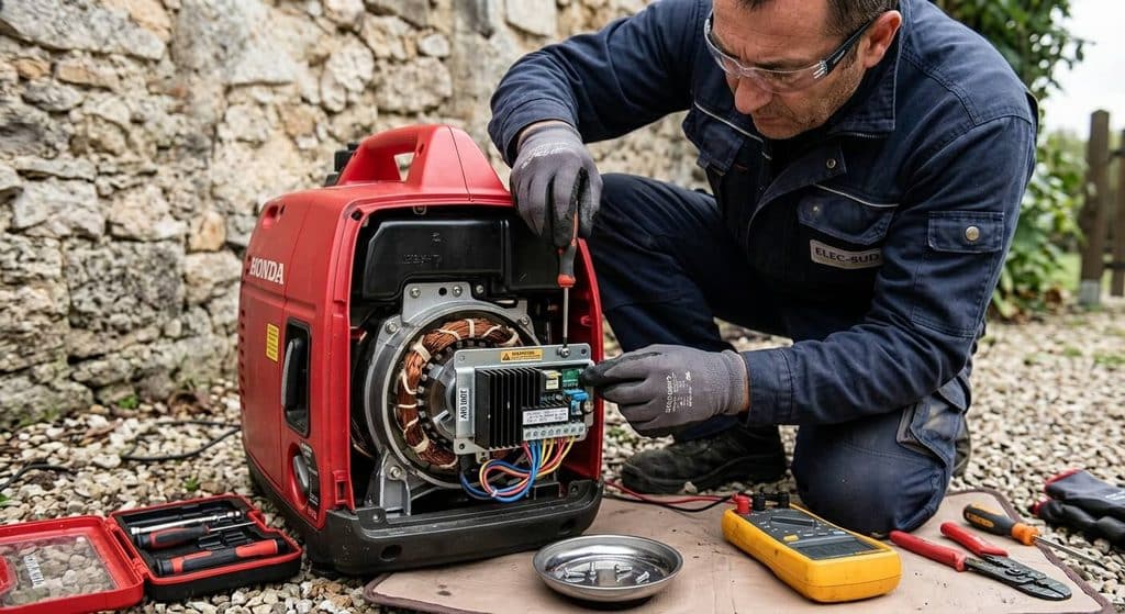 Démontage du régulateur de tension AVR situé à l'arrière de l'alternateur du groupe électrogène.