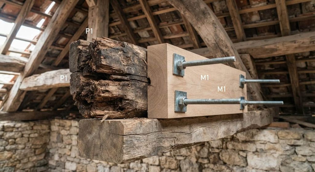 Moises en bois neuf et tiges filetées métalliques consolidant un bout de panne de charpente abîmé.