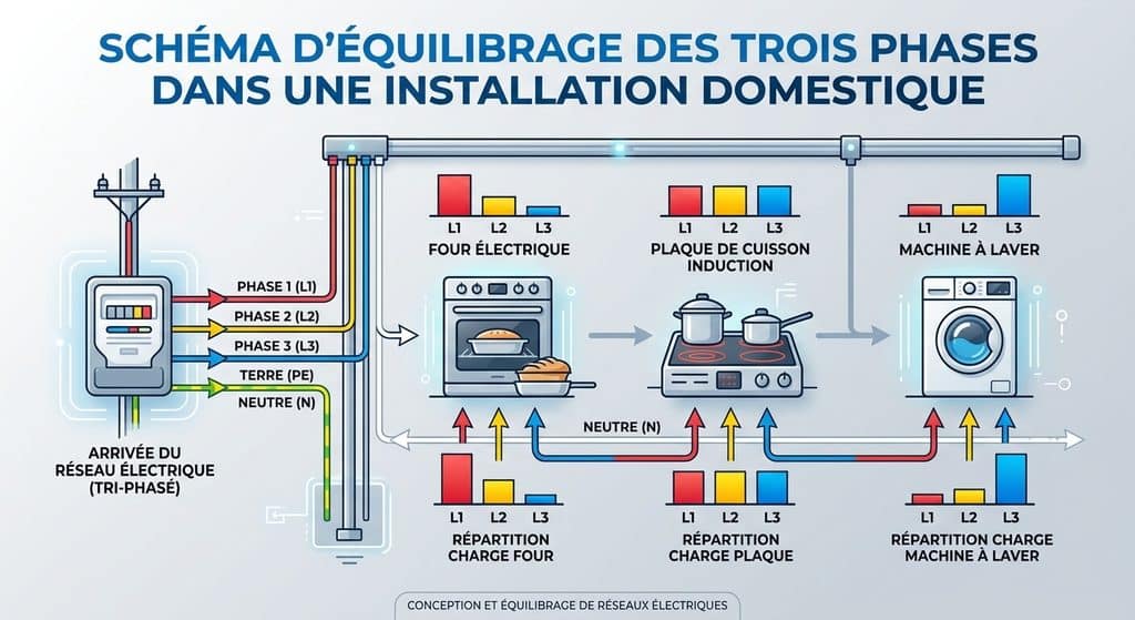 Brancher du monophasé sur du triphasé : comment faire ? 3 Schéma d'équilibrage des trois phases entre le four, la plaque et la machine à laver.