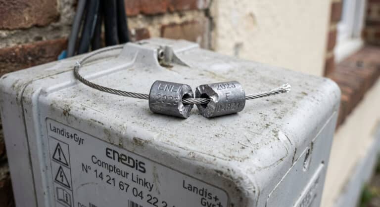 Accueil 2 Fil métallique et plomb de scellé sectionné sur le capot d'un compteur électrique.